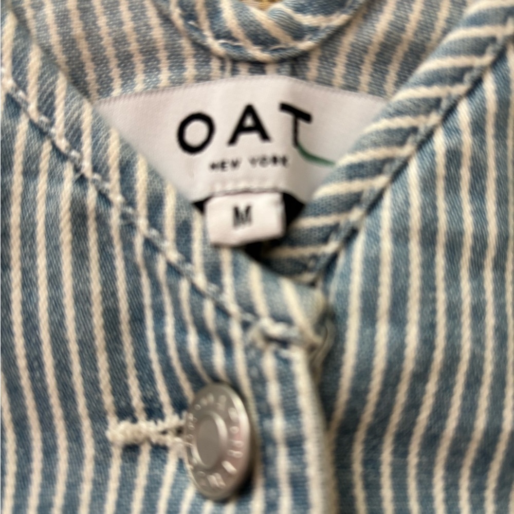 OAT dress, jumper style, spaghetti straps , belted, sheath cut. M, denim stripe - Picture 9 of 9